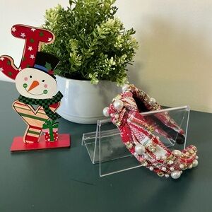 Festive Red Plaid Top Knot Headband with Pearls #1